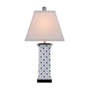 Blue and White Geometric Square Porcelain Vase Table Lamp 28"