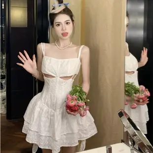 韓版性感吊帶洋裝女裝緊身收腰鏤空繡花設計感無袖白色蕾絲洋裝