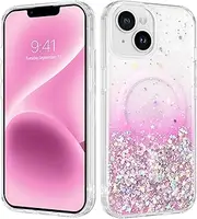 DOMAVER iPhone 13/14 Case Magnetic, Compatible with Magsafe, Gradient Clear Glitter Sparkle Case, Shockproof Slim Phone Cover for iPhone 13/14 6.1'' Girls Women, Pink