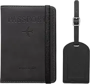 Passport Holder Cover Case with Elastic Strap and Luggage Tag,H HOME-MART PU Passport Holder with Suitcase Tag,RFID Blocking Document Organizer Protector,for Boarding Passes (Black)