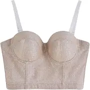[Chicwish] Women Dazzling Shiny Bustier Crop Top Summer Sexy Push Up Croset Bra Top Going Out Party Camisoles Tops Apricot