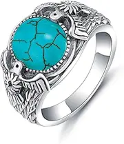 [DOLIOX] 925 Sterling Silver Real Turquoise Thunderbird Ring for Men 11x9 mm Gemstone Eagle Sun Native American Rings Vintage Jewelry for Man
