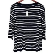 NEW NWT $80 Talbots Medium LINEN BLEND Navy Blue Knit Blouse Shirt Top Nautical