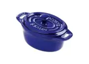 NIB Staub Ceramic Set of Two Mini Oval Cocottes with Lid, Dark Blue, 4in .25qt