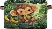 Cute Cartoon Monkey Banana Green Fabric Organizer Bins, Rectangle Collapsible Fabric Basket with Handle