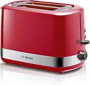 [Bosch] TAT6A514 Compact Toaster, Integrated Stainless Steel Bun Attachment, Automatic Shut-Off, Defrosting Function, Perfect for 2 Slices, Lift Function, Bread Centering, 800W, Stainless Steel/Red