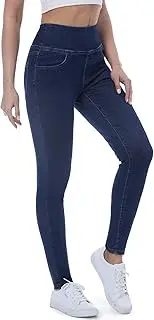 [Chasehot] Pull on Skinny Jeans for Women, Stretchy High Waisted Leggings Trendy Tummy Control Demin Jegging with Pockets, Dark Indigo, L