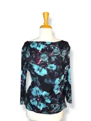 ST. JOHN Jersey Top Pleated Shoulder Drape Neck multi abstract floral new $295
