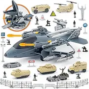 XDUOYJOY Military Fighter Jet Toys, Army Airplane Toys with 7 Vehicles Trucks Helicopter Army Men, Decorate & Launch The Missile, Birthday for Boys Girls