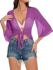 [florynova] Shrugs for Women Tie Front Cropped Cardigans Summer Half Sleeve Bolero Jacket Tops