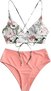 [Hiliby] Swimsuit for Women Plus Size Two Piece Split Beachwear Swimsuit Plus Piece Flower Bikini Women Two Sets Print Size Swimwears Tankinis Set Swimwears Tankinis Set Women Swimming Suits Short Two