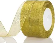 YASEO 1 Inch Gold Glitter Ribbon, 50 Yards Sparkly Metallic Fabric Ribbons for Gifts Wrapping Wedding Party Decoration and Crafts