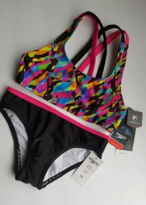 New With Tags Speedo Two Piece Bikini, Girls Size 10, Black & Pink Cross Back