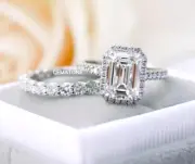5 CT Emerald Cut Moissanite Halo Pave Set Wedding Bridal Ring Set 14k White Gold
