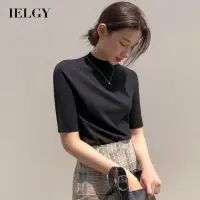 在飛比找蝦皮商城優惠-IELGY 針織短袖 T 卹女士半高領修身上衣