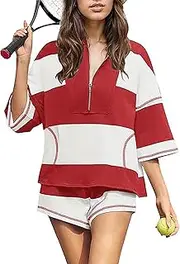 [Generic] Womens 2 Piece Outfits Summer Striped Workout Set Oversized Matching Lounge Sets Quarter Zip Shirt and Shorts