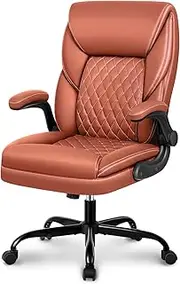 [BestEra] Office Chair, Executive Leather Home Office Desk Chairs, Ergonomic Computer Desk Chair with Adjustable Flip-Up Arms, Lumber Support Swivel Task Chair with Rocking Function (Brown)