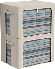 Clothes Storage Bins Box - Linen Fabric Foldable Stackable Container Organizer Set with Clear Window & Carry Handles & Metal Frame - 2Pack Large Capacity for Bedding, Blankets, Books