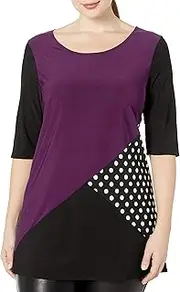 [Star Vixen] Women's Plus Size 3/4 Sleeve Scoop Neck Tunic-Length Colorblock Ity Knit Top with Polka Dot Inset