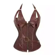 Brown Corset Women Zipper Brocade Steampunk Bustier Top Halter Vintage Outerwear