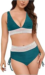 [Generic] Women's High-Waisted Bikini Set Tummy Control Swimsuit Color Block Push-Up Two-Piece Swimsuit Sexy V-Neck Shapewear Bathing Suit Slimming Swimwear for Women