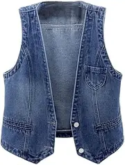 [OFFSUM] Women'S Denim Vest - Fashion Spring Summer V-Neck Denim Vest Korean Style Sleeveless Front Button Casual Outdoor Jacket Streetwear Top