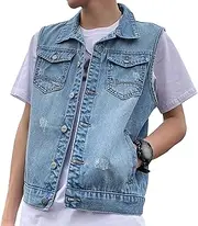 [Zylphorix] Mens Sleeveless Jeans Jacket Slim Fit Retro Ripped Jean Vest Casual Lapel Button Men Denim Vests