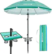 HOMEDEMO 7ft Beach Umbrellas For Sand Heavy Duty Wind, Portable Beach Umbrella UPF 50+ Windproof Outdoor Beach Umbrella with Sand Anchor, Tilt Pole, Carry Bag, Table Tray, Vent and Hook