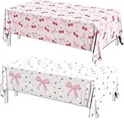 Bow Table Cloth,2 PCS Coquette Cherry Tableclothes,Pink Bow Waterproof Disposable Plastic Tablecovers for Birthday Bridal/Baby Shower Cherry-Themed Party Decor