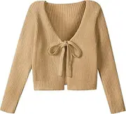[Mebius] Girls Long Sleeve Cropped Sweater Cardigan Kids Ribbed Knit V Neck Tie Front Bolero Shrug Top School Casual