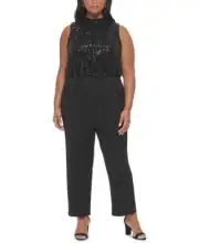Eliza J Plus Size Mock-Neck Sequined-Bodice Jumpsuit Women's 22W Black Back Zip