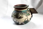 NEW W/ TAGS Raku Pottery bowl VASE Signed Jeremy Diller Deer Elk Earth And Fire