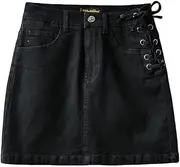 [ERTYUIO] Short Skirt High-Waisted Unilateral Lace-Up Denim Skirt with Safety Pants
