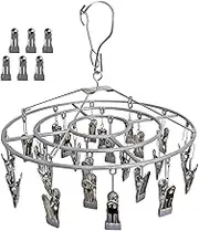 Funamily Stainless Steel Laundry Drying Rack Clothing Sock Drip Clothes Drying Hanger with 24 Clips, Swivel Windproof Hook Round Heavy Duty Underwear Hanger for Indoor Outdoor Wet and Dry (Grey)