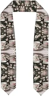 [SKKNT] Tea Cups With Roses Romantic Shabby Print Graduation Shawl Stole For Academic Commencements Honor Sash Congratulations Gift, Flattened, One Size