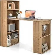 Giantex Reversible Computer Desk with Bookshelf, Writing Study Workstation w/Storage Shelves & CPU Stand, Modern Computer Table w/Large Desktop for Home & Office, Space-Saving Design (Natural)