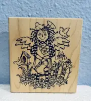 Scarecrow Garden Angel Wood Mounted Rubber Stamp Birds Birdhouse Flowers PSX