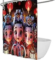 Cute Cartoon Bathroom Curtains Chinese Style Girls Pattern Shower Curtain with Fabric Liner Set Waterproof Polyester Including Hooks 180 x 200 cm