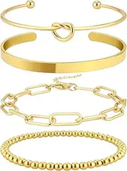 [Reoxvo] Gold Bangle Cuff Bracelets for Women Trendy 14k Real Gold Plated Paperclip Chain Bracelet Stack Adjustable Gold Beaded Bracelet Jewelry Set for Women 4pcs