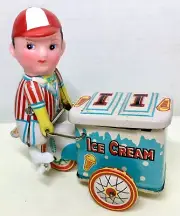 Vintage Retro Tin Litho Wind-Up Ice Cream Bicycle Man- Original Box - Runs Great