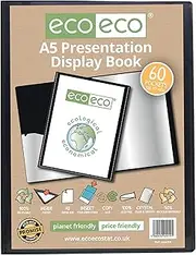 eco-eco A5 Size 50% Recycled 60 Pocket Black Presentation Display Book, Storage Case Portfolio Art Folder with Plastic Sleeves