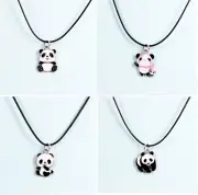 Silver White Black Red Panda Bear Enamel Pendant Leather Chain Necklace