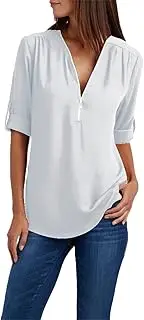 [Suhorseful] Womens Half Zip Up Shirts Chiffon Casual Long Sleeve Solid Color Blouses Office Work Golf Polo Tshirt, White, 3X-Large