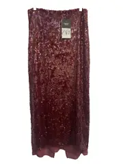 ZARA RED SEQUINNED MIDI SKIRT Size M Ref 9739/608/600