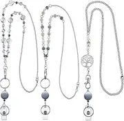 3Pcs Retractable Badge Reel Lanyard, Metal Badge Lanyard Necklace with ID Holder Clip, Beaded Chain Necklace Retractable Lanyard for Keys Teacher Nurses Doctors Workers Students