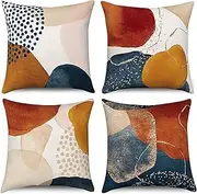 Boho Cushion Cover, 40 x 40 cm, Set of 4, Mid Century Abstract Aesthetic Navy Blue Burnt Orange Cushion Covers Geometric Minimalist Modern Art Linen Cushion Cover for Sofa Couch Home Decor