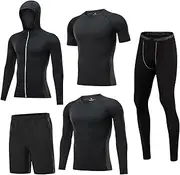 [GUANYUA] Mens Long Sleeve Base Layer Compression Top and Tights Set Wicking Long Pants Fitness Jacket Quick-Drying Shorts black-5pcs-S