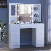 Makeup Vanity Desk Set With LED 3 Color Lights Mirror White Dressing Table Large