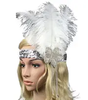 1920s White Feather Bridal Flapper Headpiece