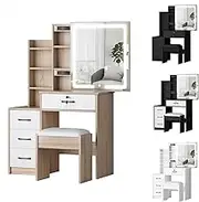 ALFORDSON 4-Drawer Vanity Set, Lockable Drawer & Sliding Mirror, Bedroom Vanity Table, 80x36x131.5cm, Wood/White - 3 Color Lights, Hidden Storage Stool